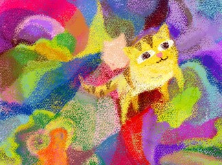digital painting of a yellow cat with big eyes , abstract watercolor background with digital paint