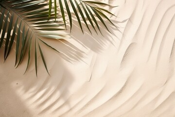 Tranquil sandy beach with palm shadow casting soft lines on smooth dunes, embodying a serene tropical getaway. Vacation, holiday background. Empty, copy space for text. Travel, relax.
