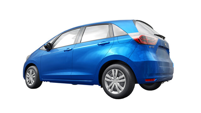 UK, London. November 14, 2023. Honda Fit (Jazz) 2021. Blue compact urban hybrid hatchback on a transparent background. 3d rendering.