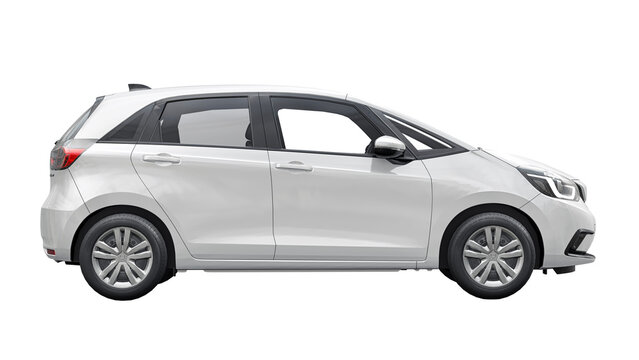 UK, London. November 14, 2023. Honda Fit (Jazz) 2021. White compact urban hybrid hatchback on a transparent background. 3d rendering.