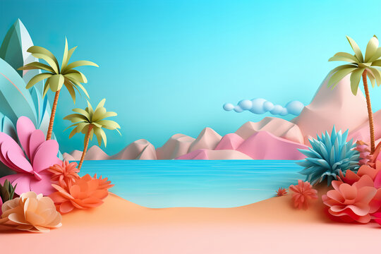 Colorful tropical scene with stylized palm trees, flowers, and mountains against a clear blue sky. Vacation, holiday background. Empty, copy space for text. Vibrant colors.