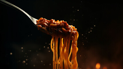 Spaghetti on a fork on a dark background. Close up