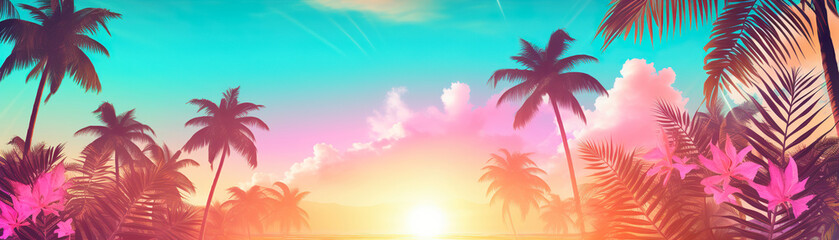 Wide-format tropical sunset with radiant palm silhouettes against a gradient sky of pink and blue hues, perfect for vacation themes. Holiday background. Empty, copy space for text. - obrazy, fototapety, plakaty