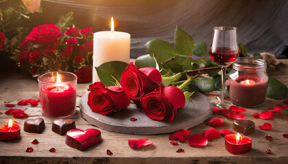 Red roses, scattered petals, candles, and heart-shaped chocolates on a wooden table create a romantic Valentine's ambiance.