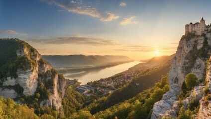 Naklejka premium a river running through a valley surrounded by mountains 
