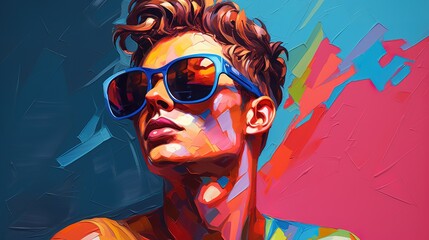Pop collage Illustration of a handsome male fashion model with sunglasses over scolorful and vibrant patterns and shapes, Fashion, pop art - obrazy, fototapety, plakaty