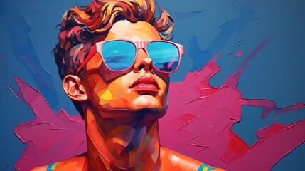 Pop collage Illustration of a handsome male fashion model with sunglasses over scolorful and vibrant patterns and shapes, Fashion, pop art
