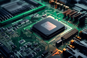 A close up view of a computer motherboard created with Generative AI technology