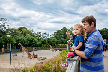 Cute adorable toddler girl and father watching and feeding giraffe in zoo. Happy baby child,...