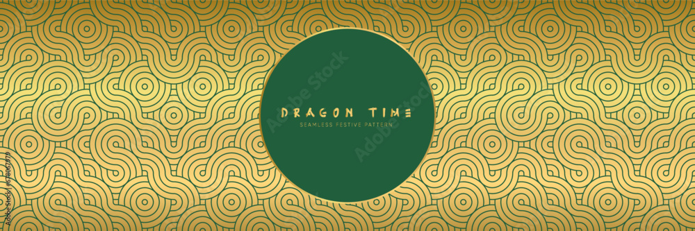 Wall mural Premium Golden Background Pattern with Green Asian Dragon. Chinese Lunar New Year Texture. Zodiac Holiday Elegance and Luxury Decor.