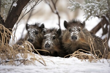 Furry javelina animals in winter snowy season. Herd of wild skunk pigs in wintry frozen forest. Generate ai