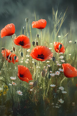 Red poppy flower on the summer meadow, watercolor painting.
