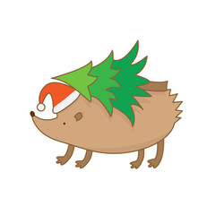 Hedgehog in new year hat carrying Christmas tree on back. Vector illustration of character. Cute and funny animal for children print or greeting card. Hand drawn doodle style.