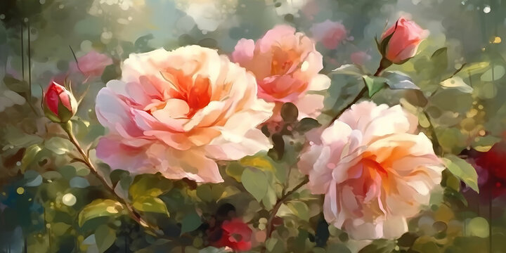 Flowering roses in the summer garden, watercolor painting.