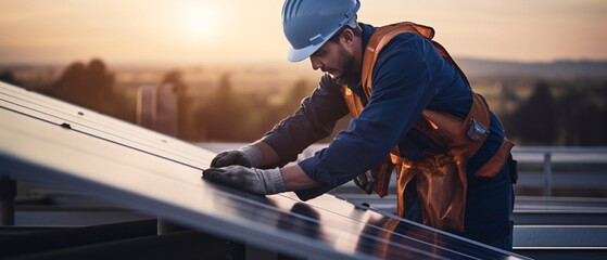 Electrical engineer worker in protective helmet and uniform working on roof with solar panels against sunset sky. man with helmet installing solar panels. generative ai - obrazy, fototapety, plakaty