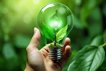 Hand holding light bulb amidst natures green leaf depicting renewable energy sources and responsible 