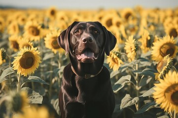 Black Labrador retriever in sunflowers field. Adorable dog posing in yellow blossom summer nature. Generate ai