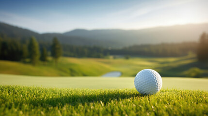 A golf ball on a tee,  set against a backdrop of rolling hills