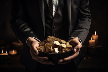Man in black suit holding a bag full of shining gold coins. Golden coins are cradled in a bag, firmly gripped by a businessman. Wealth and luxury. - Powered by Adobe