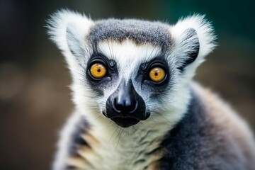 Closeup photo of lemur animal with black nose and orange eyes. Jungle primate portrait with ash colored fur. Generate ai
