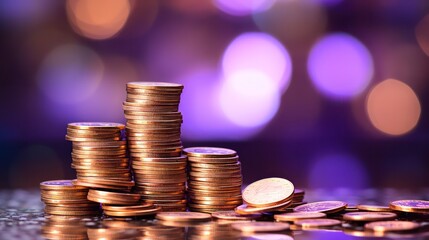 Stack of coins with bokeh effects