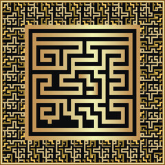 Gold ornamental greece ancient style beautiful square seamless pattern with greek key meanders frame, border. Shiny gold patterned luxury background. Vector decorative trendy design. Endless texture