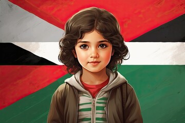 drawing illustration of a Palestinian child against the background of the country's flag.
