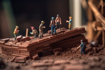 Miniature builders on chocolate bar. Small work repair cocoa food. Generate Ai