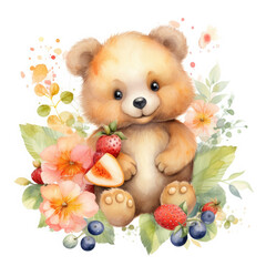 Bear flower and fruits Illustration, Generative Ai