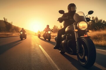 Motorcyclists road sunset ride. Person freedom transport travel journey. Generate Ai