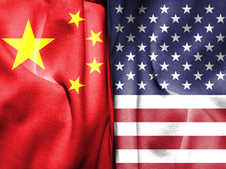 The American flag and the Chinese flag are both made of patterns. Describe a meeting between the leaders of the United States and China. Can be used as background or shading. Double exposure hologram.