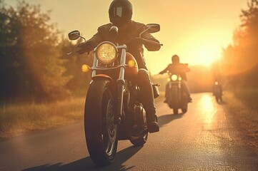 Motorcyclists road sunset group friends ride. Street speed motion vehicle. Generate Ai