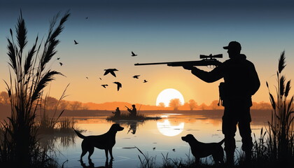 Fototapeta na wymiar Silhouette of the Wild: Duck Hunting Scene