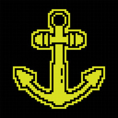 Obraz premium Ship anchor Pixel silhouette icon. Safe anchorage of ships in port. Simple black and yellow vector