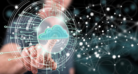 Man touching a cloud computing system concept