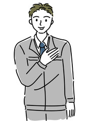 胸に手をあてる作業着の男性