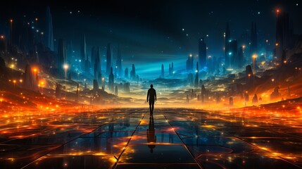 A lone silhouette stands before an expansive, glowing cityscape under a starlit sky, evoking a sense of exploration.Generative AI