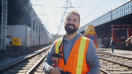 Railway worker in uniform uniform on railway line.
 - obrazy, fototapety, plakaty