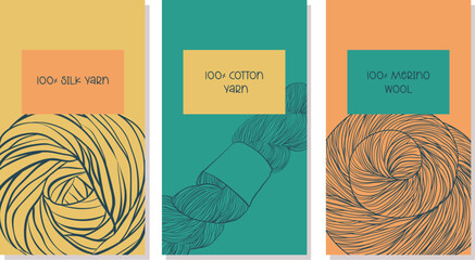 Blue, yellow, orange cozy banners set with woolen yarn balls in doodle style. Vector illustration yarn for knitting and crocheting package template - obrazy, fototapety, plakaty