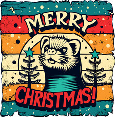 Christmas ferret retro art illustration