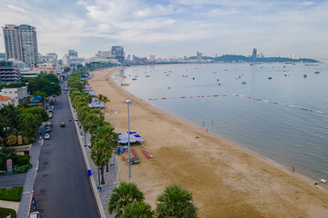 Pattaya Thailand, a view of the beach road with hotels and skyscrapers buildings alongside the renovated new beach road. 