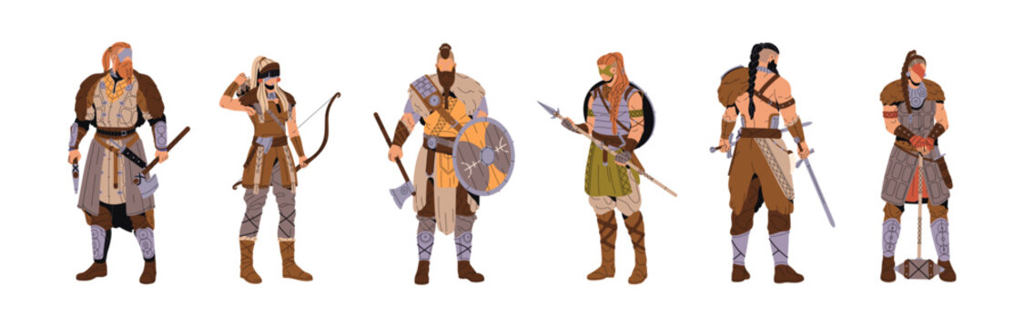 Vikings in armor with weapon set. Ancient barbarian soldiers hold sword, shield. Medieval nordic warriors. Scandinavian people in animal skins. Flat isolated vector illustration on white background