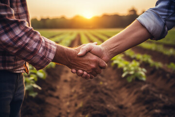 Nicely done, Cropped shot of two unrecognizable farmers shaking hands while working on their farm