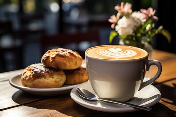 latte with scones blurred outdoor cafe