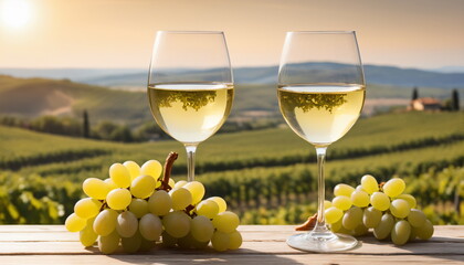 Vineyard Vistas: White Wine Glasses Against a Harvest Backdrop
