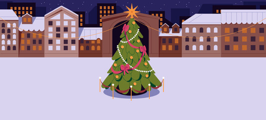 Christmas tree on city square panorama. Decorated xmas firtree, building exterior, facade. Empty urban street, deserted snow town. New year holiday outdoor, winter evening. Flat vector illustration
