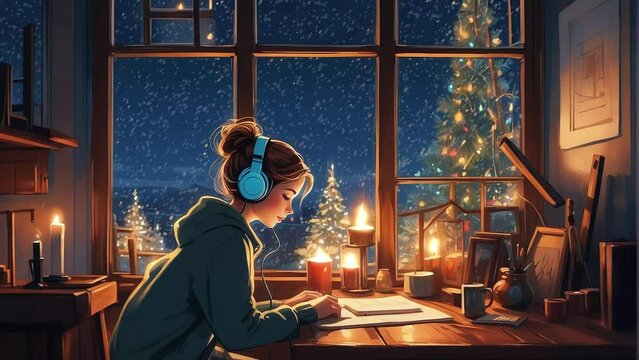 A girl sits at a table, music listen through her headphones. The flickering light of a fire candle illuminates her face, Outside the big glass window, the Christmas night sky twinkles,lofi animation.
