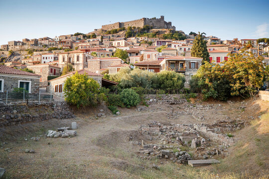 Traditional Greece. Lesvos island, view of town Molyvos (Mithymna) with old castle above