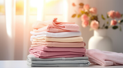 Stack of clean pastel colors terry towels for bath and body. Creative banner for a store of home goods and bathroom accessories. 