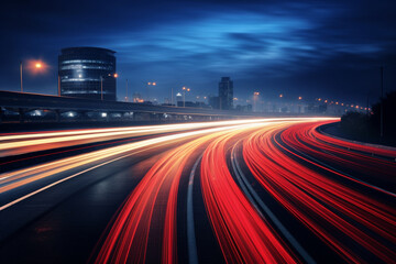 Fototapeta na wymiar Night time traffic speeds past a junction on a motorway, aesthetic look
